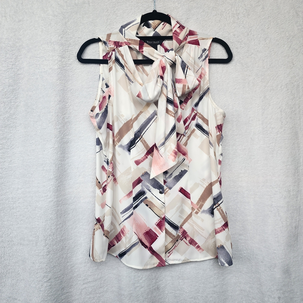 White House Black Market Size 6 Tie Neck Geometric Sleeveless Blouse